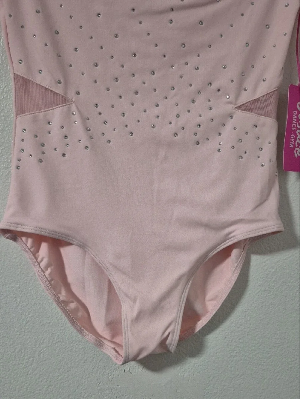 Justice Long Sleeve Pink Rhinestone Mesh Sleeve Dance Leotard